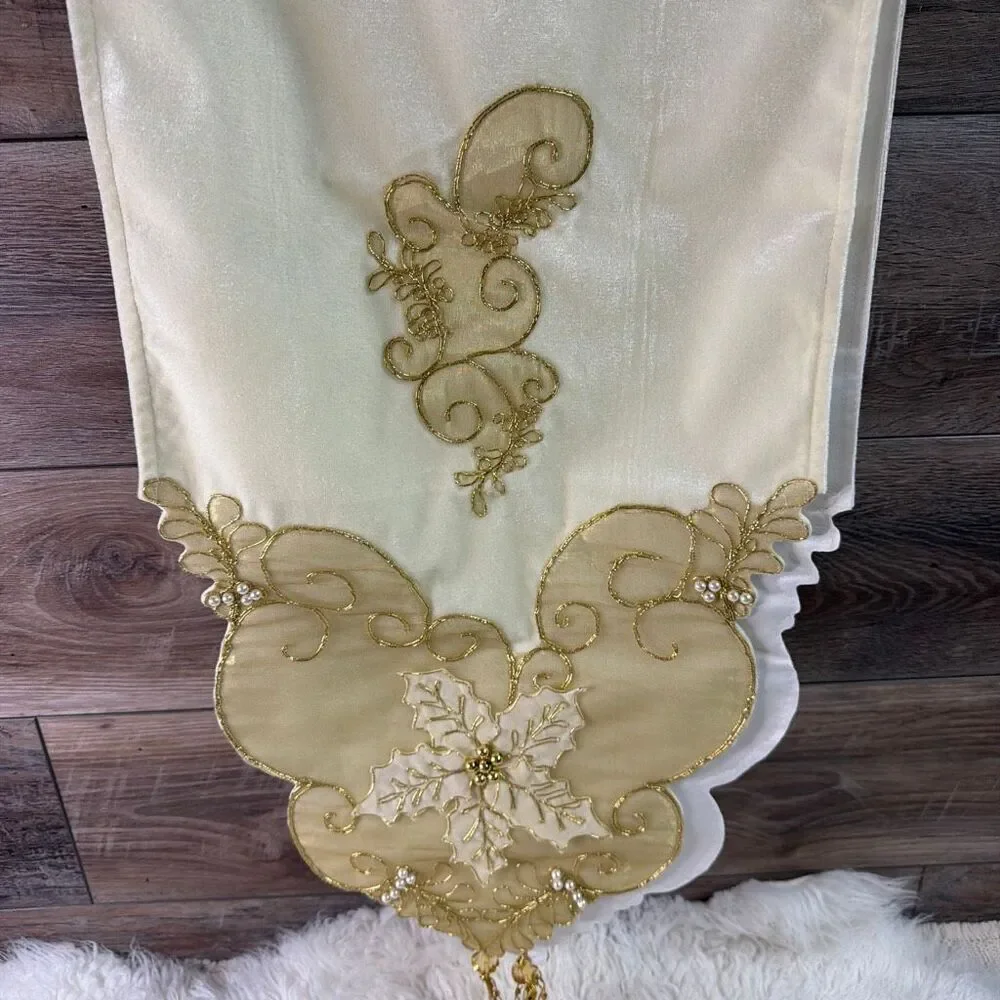 Vintage Holiday Table Runner Cream Gold 72” x 14” Holly Mistletoe Beaded Velvet